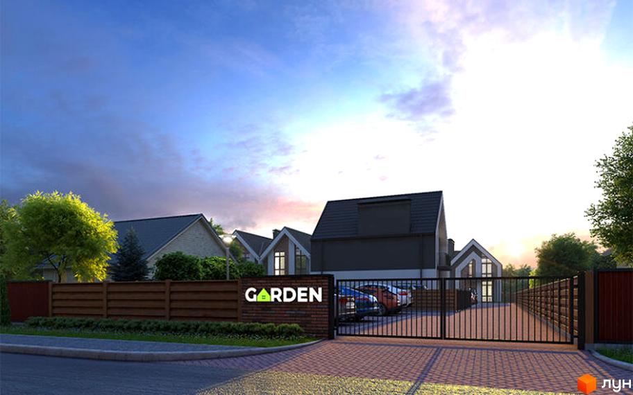 Зображення Котеджного містечка Garden House з будинками та прибудинковою територією. Вигляд на в'їзд до комплексу з брамою.