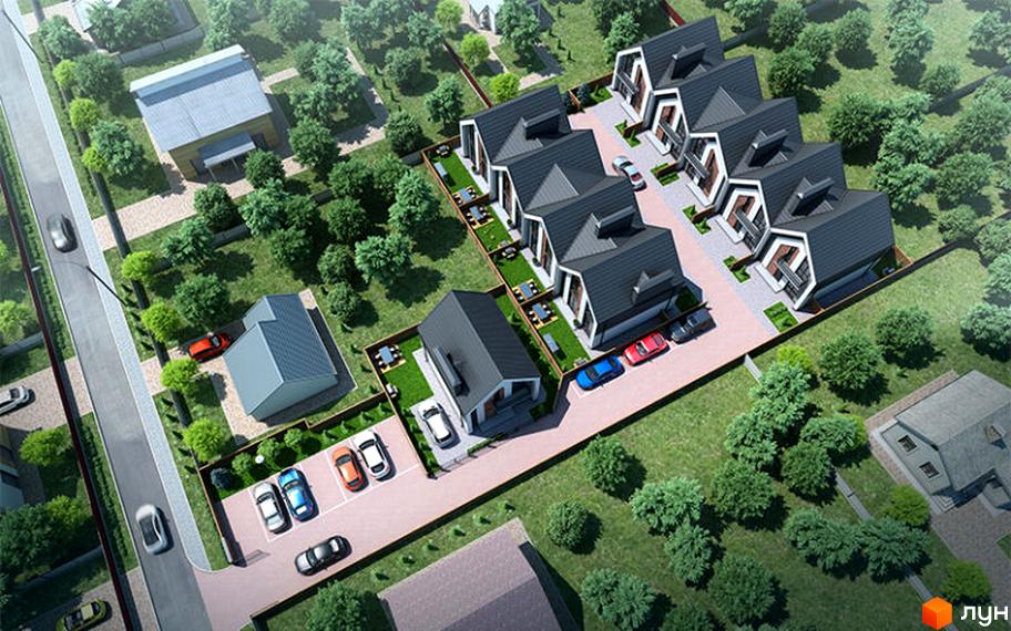 Зображення Котеджного містечка Garden House з висоти пташиного польоту. На території розташовані таунхауси з парковками та зелені насадження.