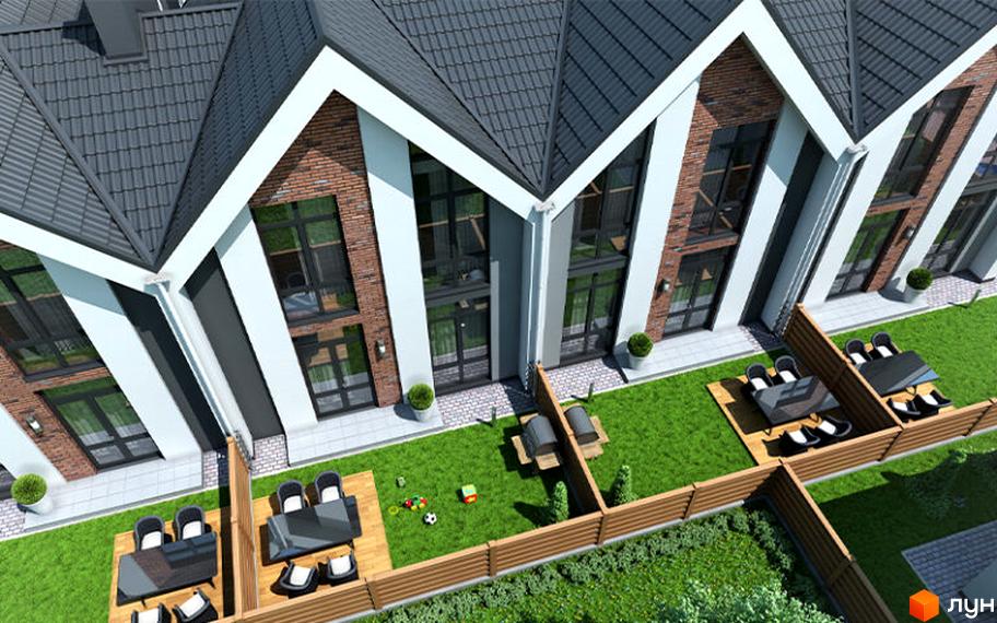 Вигляд зверху на Котеджне містечко Garden House з сірими дахами та великими вікнами. На території є зелений газон, дерев'яна огорожа та столики.