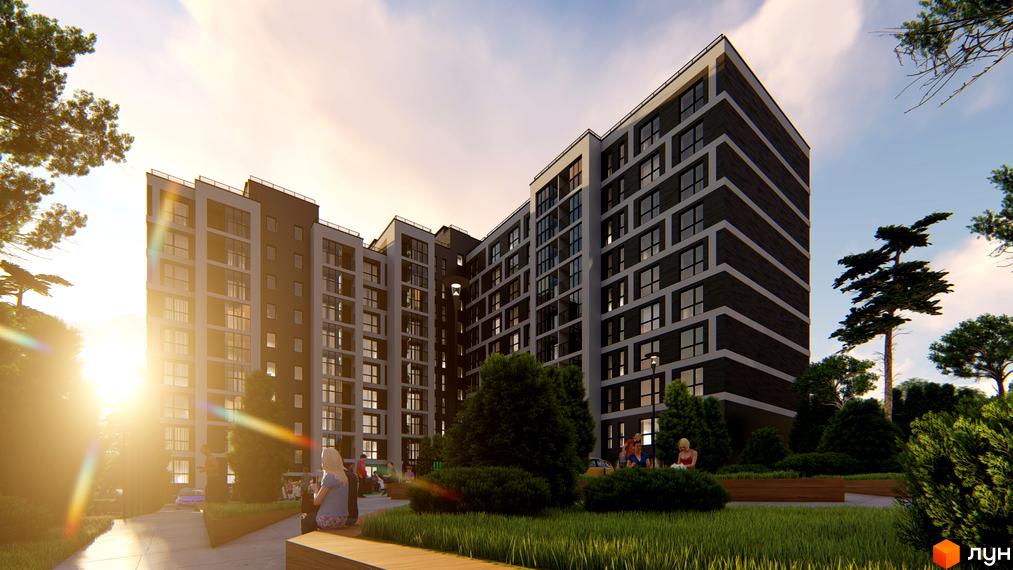 Зовнішній вигляд житлового комплексу Затишний двір з великою кількістю вікон та балконів, зелена прибудинкова територія з деревами та місцями для відпочинку.