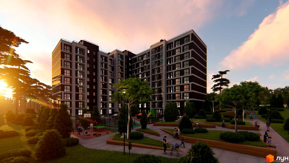 Зовнішній вигляд житлового комплексу Затишний двір з багатоповерховими будинками та упорядкованою прибудинковою територією з зонами відпочинку та дитячими майданчиками.