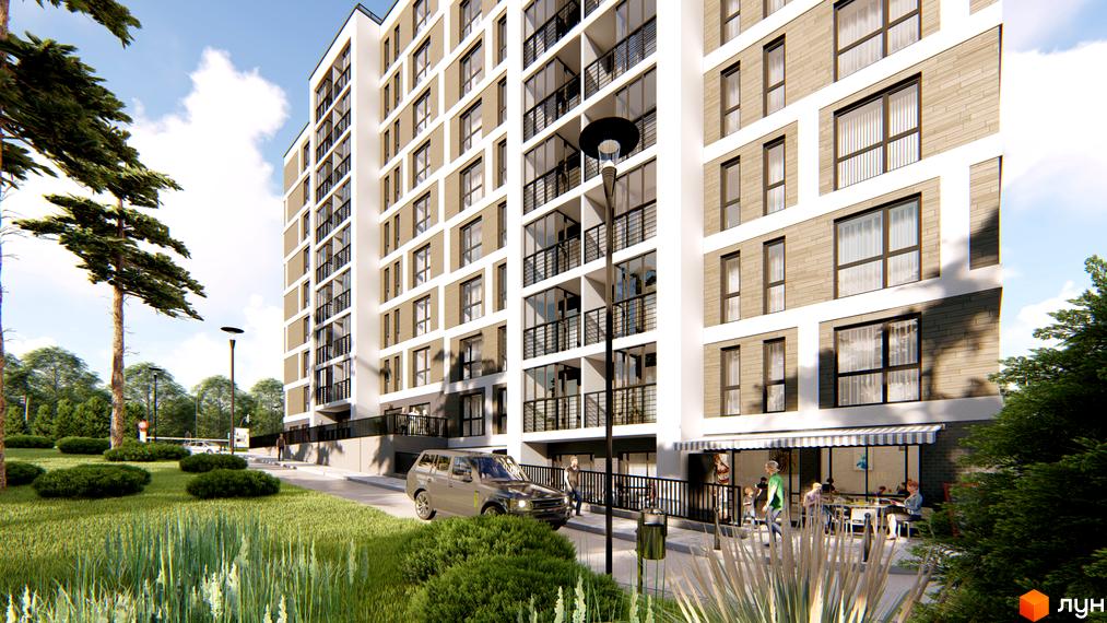 Висотна будівля ЖК Затишний двір з великими вікнами та балконами. На території комплексу є зелені насадження та зона відпочинку.