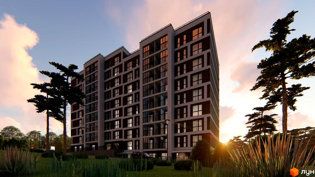 Висотна будівля ЖК Затишний двір з великою кількістю вікон та балконів. На передньому плані зелена зона з деревами.