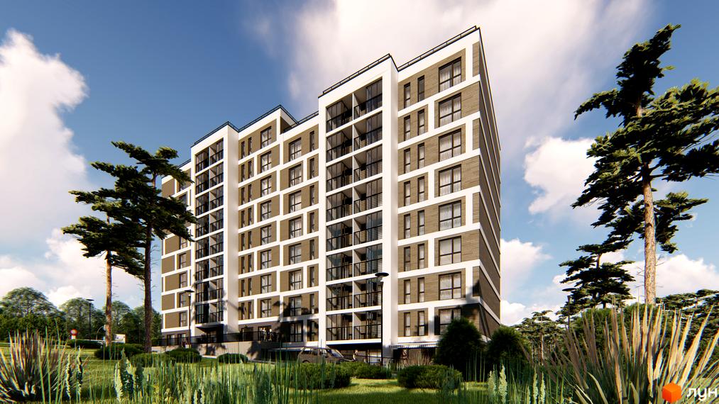 Висотна новобудова ЖК Затишний двір з фасадом у світлих тонах на фоні блакитного неба та зелених насаджень.