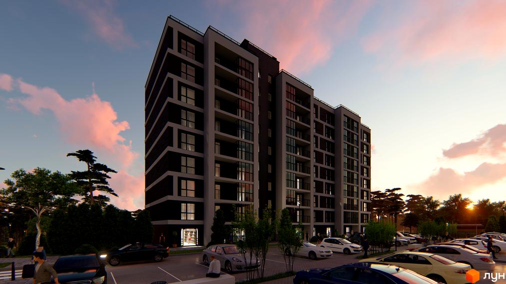 Житловий комплекс Затишний двір з темним фасадом та світлими елементами, розташований біля парковки та зелених насаджень.