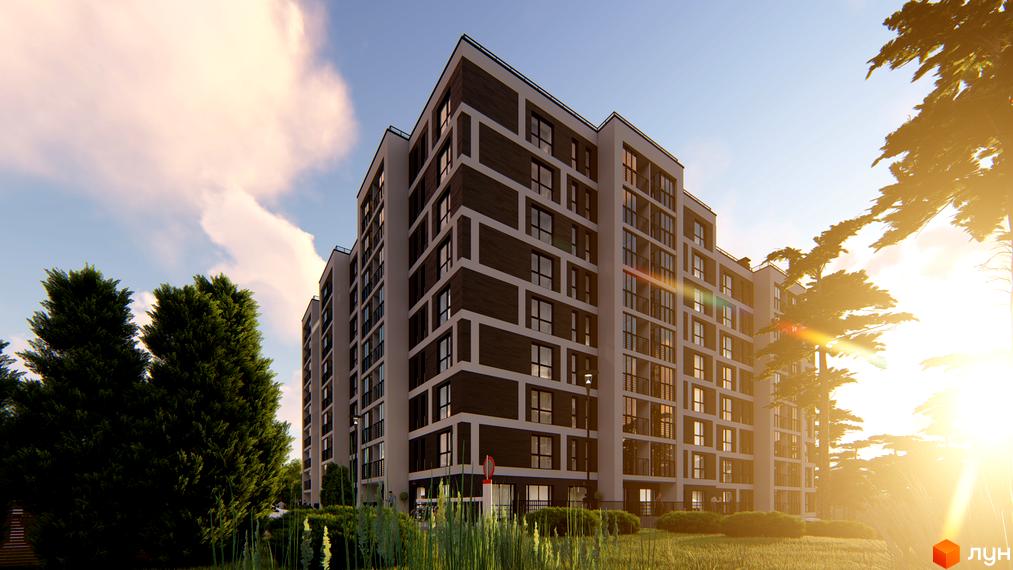 Зовнішній вигляд житлового комплексу Затишний двір з вікнами та балконами, оточений деревами та зеленою територією.