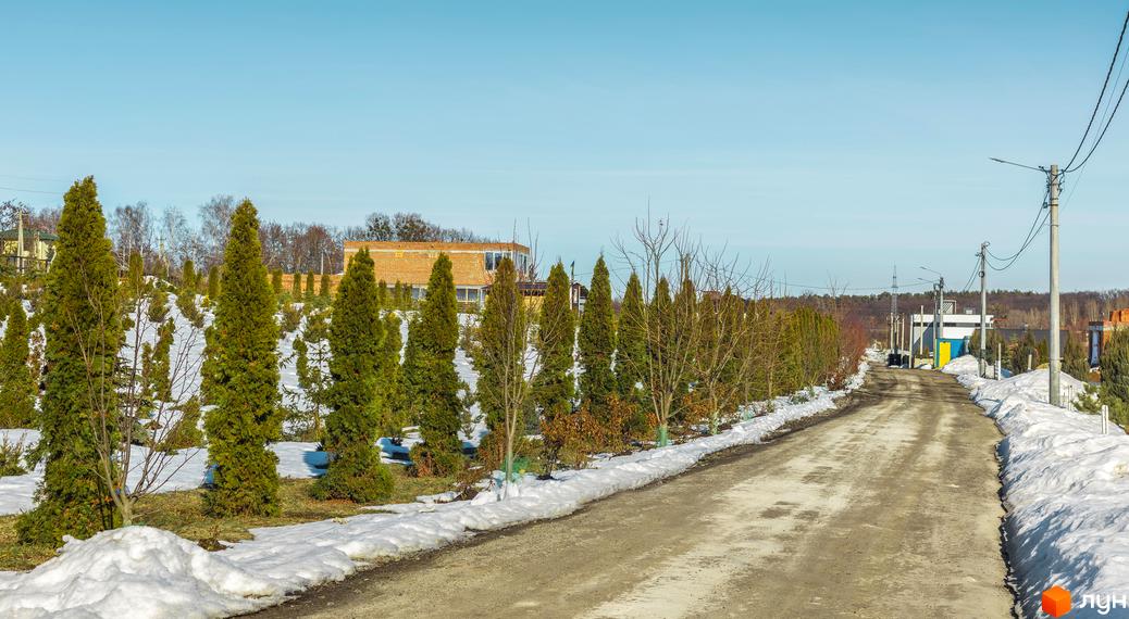 Дорога до будинків в Котеджному комплексі Шалє Грааль. Навколо сніг та дерева, гарна природа.