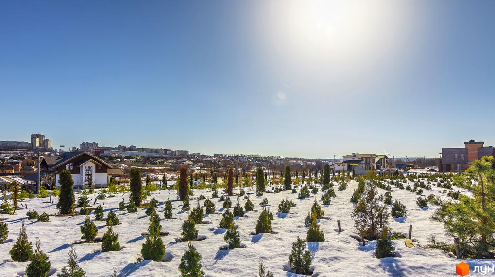 Котеджне містечко Шале Грааль з будинками та доглянутою прибудинковою територією, вкритими снігом, на фоні блакитного неба.