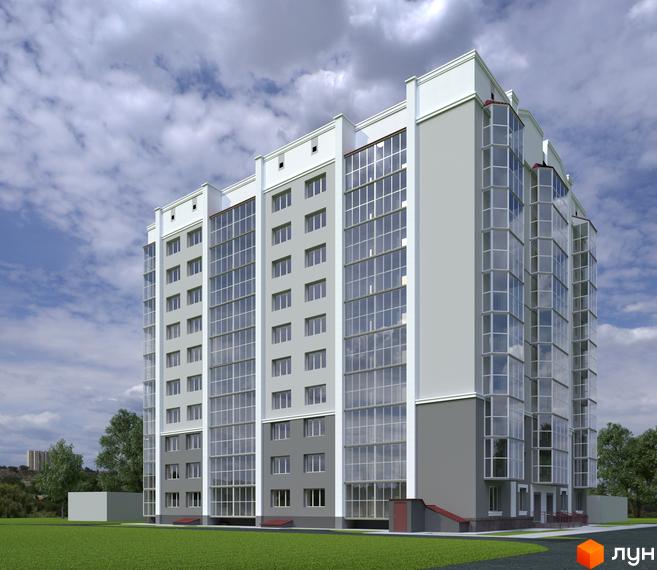 Зовнішній вигляд новобудови на вулиці Пушкарівській, 22д, з великою кількістю скління та сірими елементами фасаду. Навколо будинку розташований зелений газон та дерева.