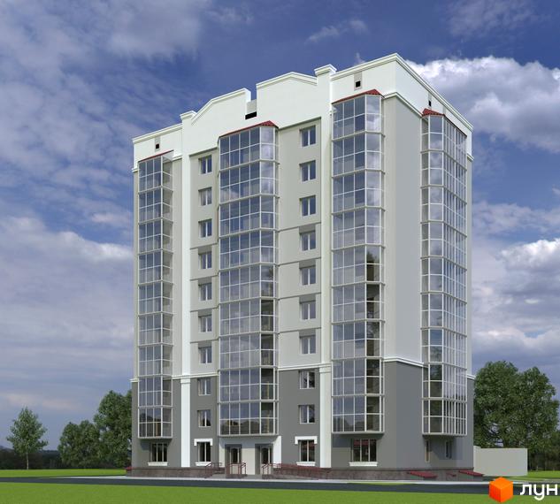 Сучасний житловий комплекс на вулиці Пушкарівській, 22д, з великою кількістю скляних фасадів та зеленим газоном навколо.