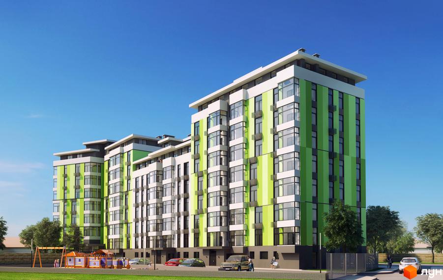 Житловий комплекс Skyland 2: багатоповерхова будівля з зеленими та білими фасадами, великими вікнами. На території є дитячий майданчик та парковка.