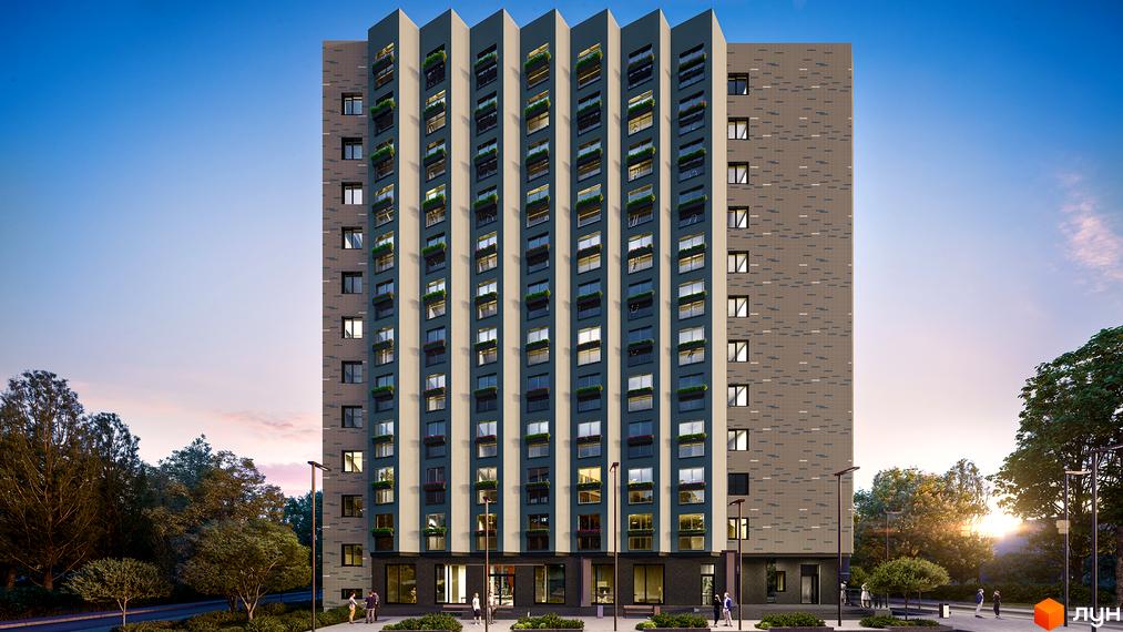 Зовнішній вигляд новобудови ЖК Dixie з численними вікнами та балконами, оточеної деревами та освітленою вулицею.