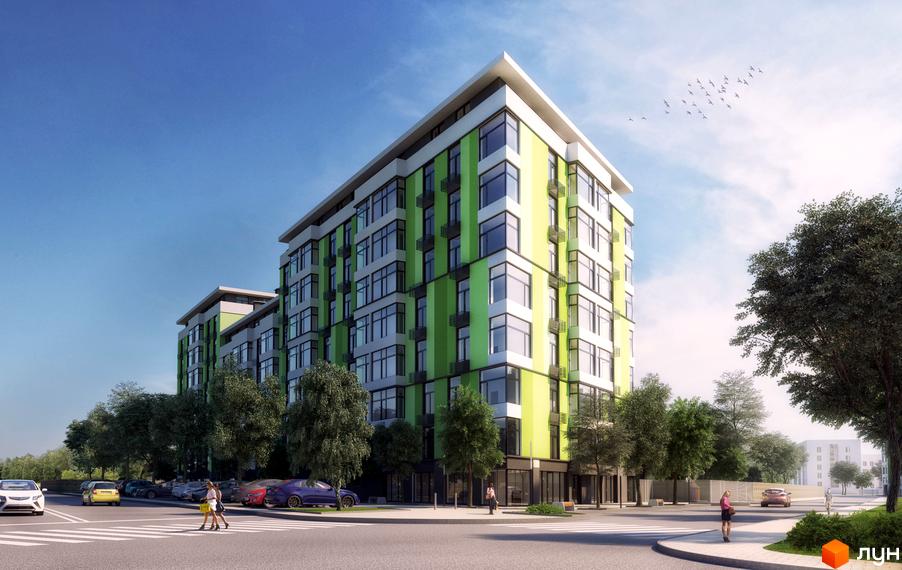 Багатоповерховий житловий будинок Житлового комплексу Skyland 2 з фасадом світло-зеленого та білого кольорів, великими вікнами. Перед будинком розташована дорога з пішохідним переходом, автомобілі та дерева.