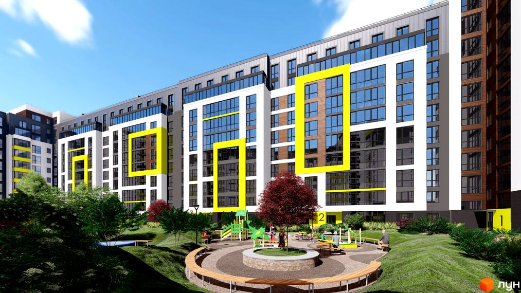Високоповерхова новобудова з панорамними вікнами та яскравими жовтими акцентами. На території комплексу облаштовано дитячий майданчик та зони відпочинку.