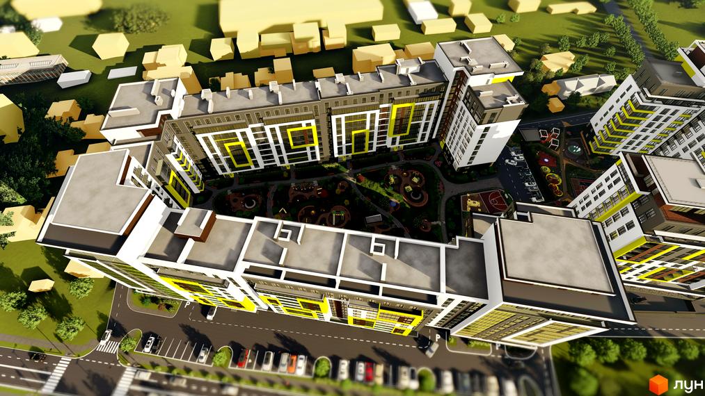 Вид на багатоповерховий будинок житлового комплексу з жовтими акцентами на фасаді. На прибудинковій території дитячий майданчик та парковка для автомобілів.