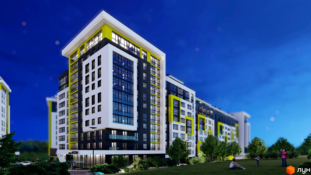 Багатоповерховий будинок з білими, чорними та жовтими фасадами. На території комплексу є зелені насадження та місця для відпочинку.