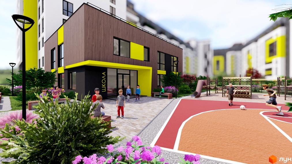Зображення фасаду будівлі школи з дерев'яним оздобленням та яскравими жовтими акцентами. На передньому плані дитячий майданчик з дітьми.
