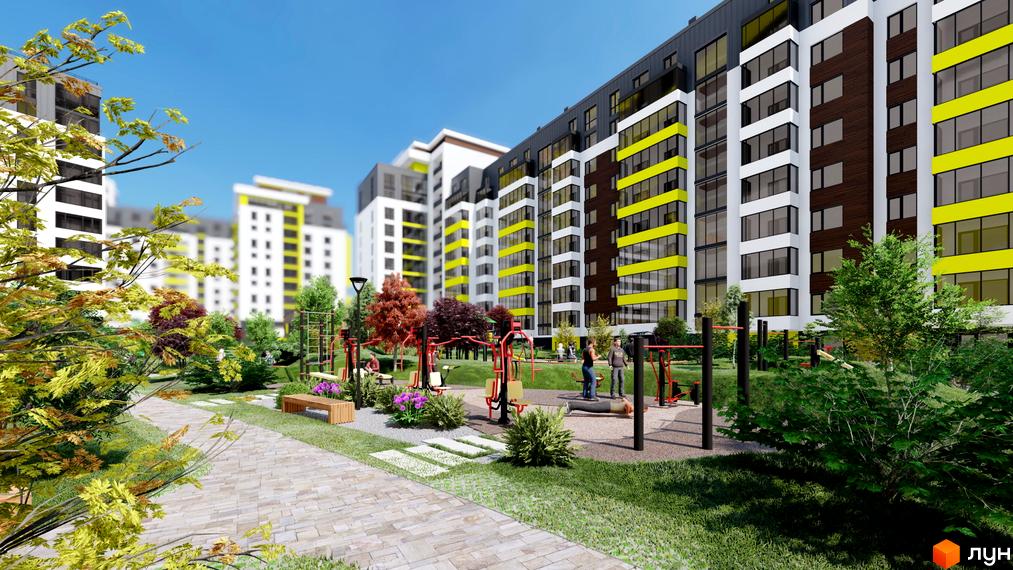 Багатоповерховий будинок житлового комплексу з жовтими вставками на фасаді. На прибудинковій території облаштований спортивний майданчик та зелені насадження.