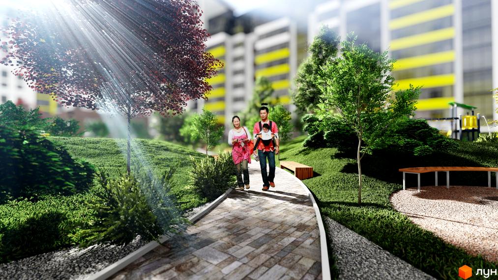 Зображення сторінки ЖК Енергія. На фото сім'я гуляє алеєю на території житлового комплексу. На задньому плані видно будівлі з жовтими балконами.