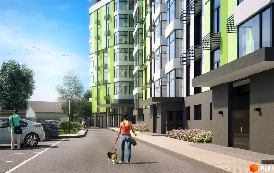 Новобудова Skyland 2 має багатоповерхові секції з яскраво-зеленим та білим фасадом, великими вікнами. Прибудинкова територія облаштована парковкою, деревами та квітучими кущами.