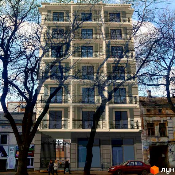 Висотна будівля житлового комплексу Будинок на Степовій з балконами та великими вікнами. На передньому плані дерева, на задньому - небо та старі будинки.