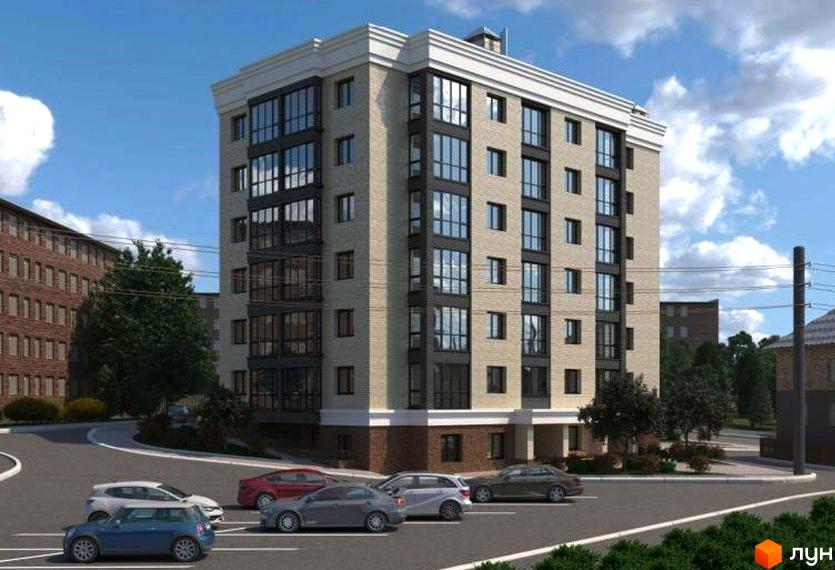 Висотна будівля ЖК Riviera з великими вікнами та парковкою перед будинком. Навколо будинку зелені насадження та дорога.