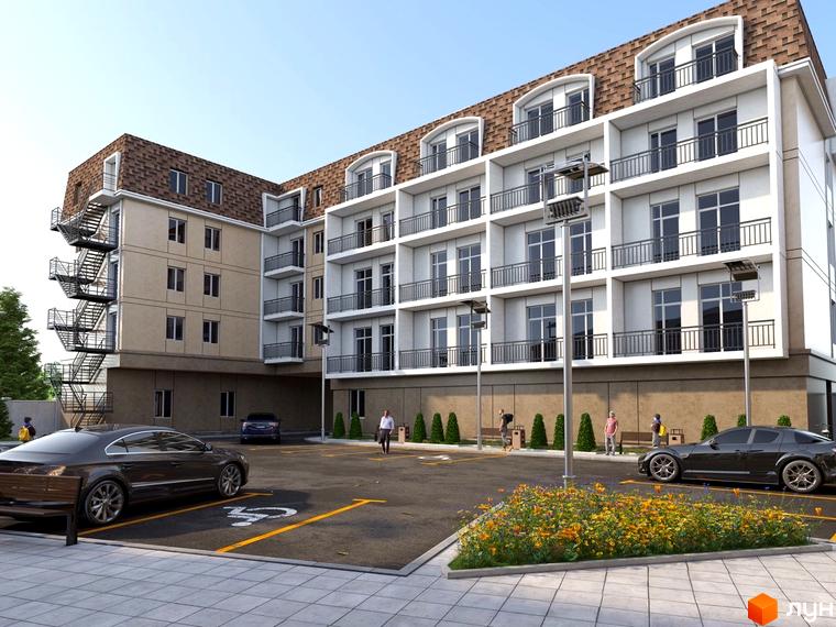 Житловий комплекс Liverpool. Багатоповерховий будинок з балконами та паркінгом. На прибудинковій території є клумби та місця для відпочинку.