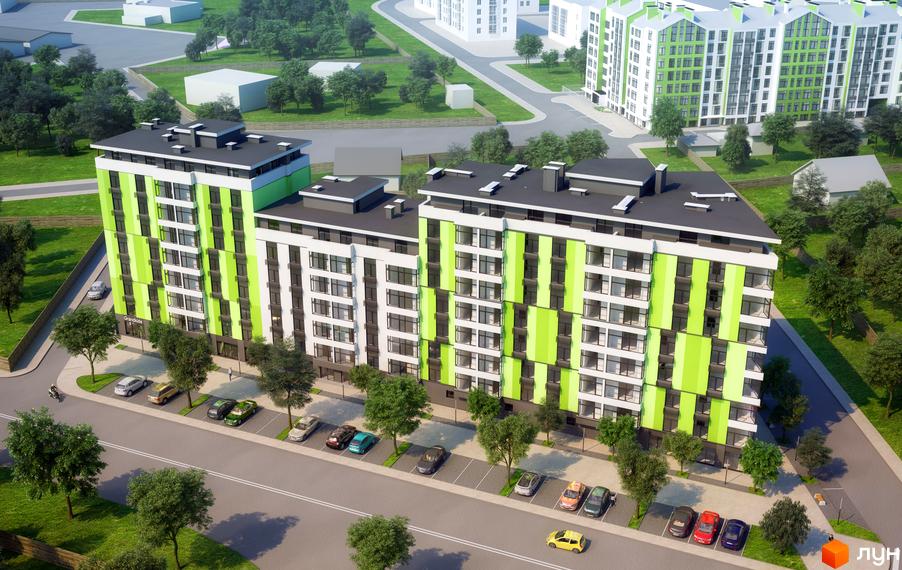 Житловий комплекс Skyland 2: багатоповерхові будинки з біло-зеленими фасадами та прибудинкова територія з парковкою і деревами.