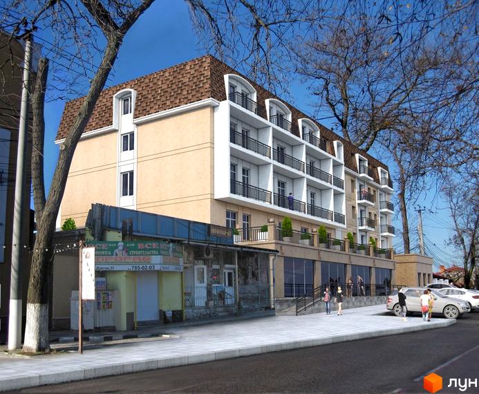 Зображення сторінки ЖК Ліверпуль. Багатоповерховий будинок з балконами та терасами, поруч тротуар, дорога та припарковані автомобілі.