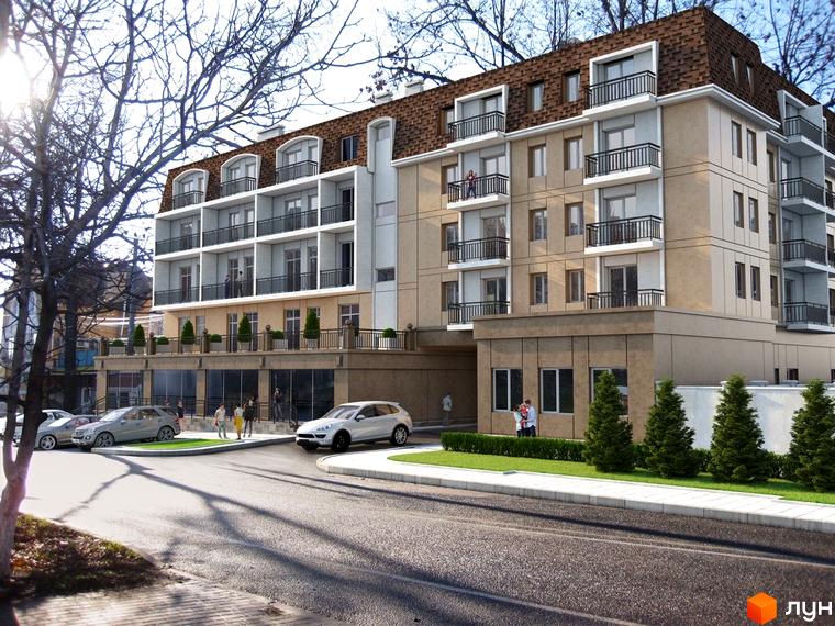 Зовнішній вигляд житлового комплексу Ліверпуль з балконами та вікнами, прибудинкова територія з деревами та дорогою.