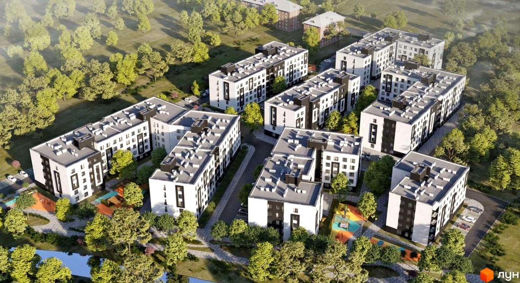 Житловий комплекс Сенсація з біло-чорними фасадами та сірими дахами, оточений деревами та з дитячими майданчиками на прибудинковій території.