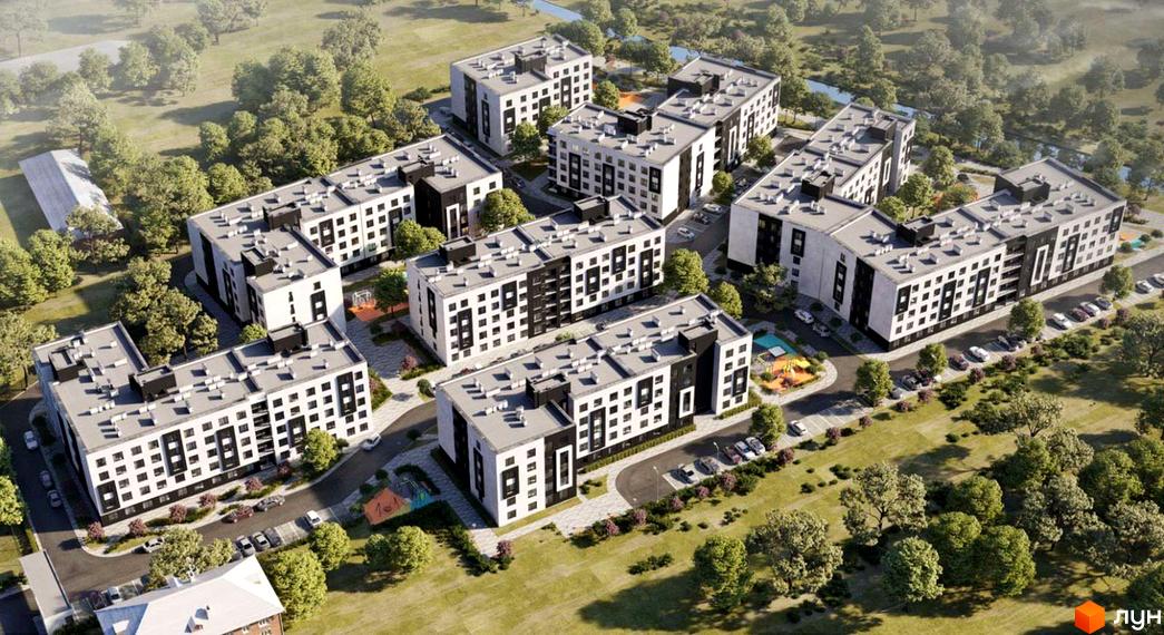 Зовнішній вигляд будинків ЖК Сенсація з чорно-білими фасадами та прибудинковою територією з парковкою та дитячим майданчиком. Огляд новобудови.