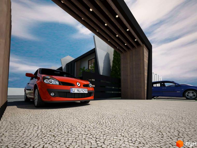 Фасад будинку з помаранчевим автомобілем на передньому плані. Територія перед будинком викладена бруківкою, на задньому плані - синій автомобіль.