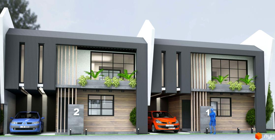 Двоповерхові таунхауси California з панорамними вікнами та терасами, паркомісця для авто, зелені насадження біля будинку. Новобудова з сучасним дизайном.