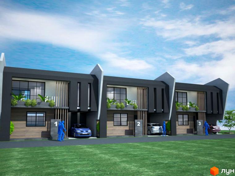 Таунхауси California – це триповерхові будинки з панорамними вікнами та балконами, розташовані на доглянутій прибудинковій території з газоном та паркомісцями.