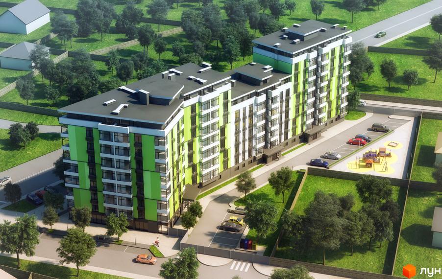 Житловий комплекс Skyland 2 з фасадами світло-зеленого та білого кольору. Навколо є парковки, дитячий майданчик та багато зелених зон.