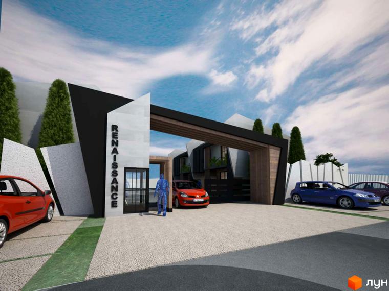 Вхідна група житлового комплексу California з написом Renaissance, червоним та синім авто на парковці. Вид на територію комплексу.