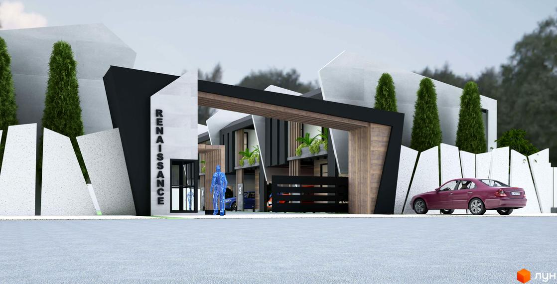 Зображення житлового комплексу Renaissance з геометричними формами фасаду та доглянутою прибудинковою територією, включаючи парковку.