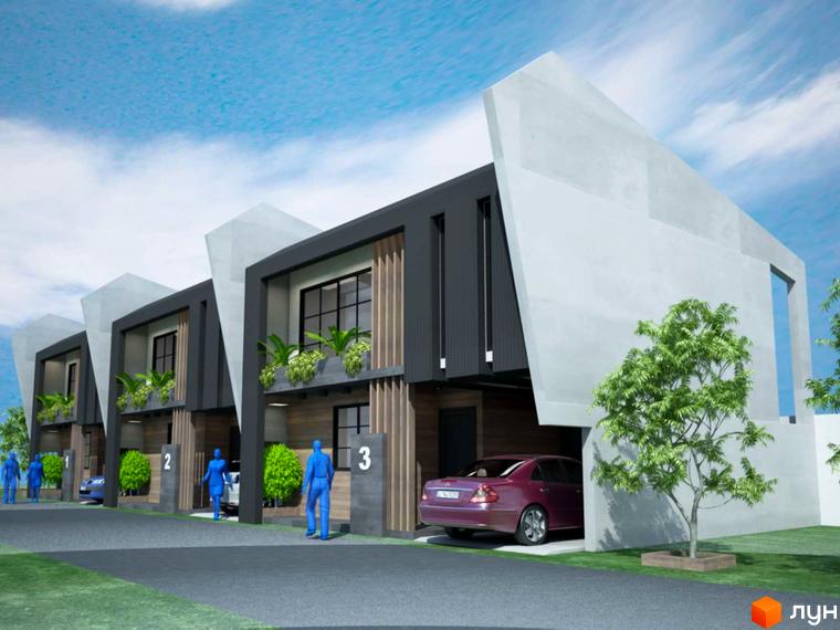 Таунхауси California: триповерхові будинки з пласкими дахами та великими вікнами, перед будинками розташовані автомобілі та зелені насадження.