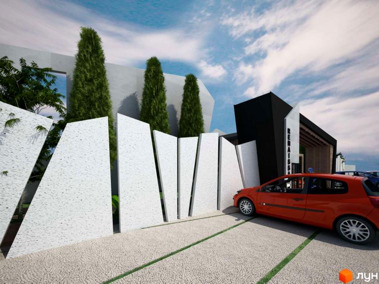 Фасад будинку житлового комплексу California з білими стінами та декоративними елементами. На території є автомобіль, зелені насадження та декоративні плити.