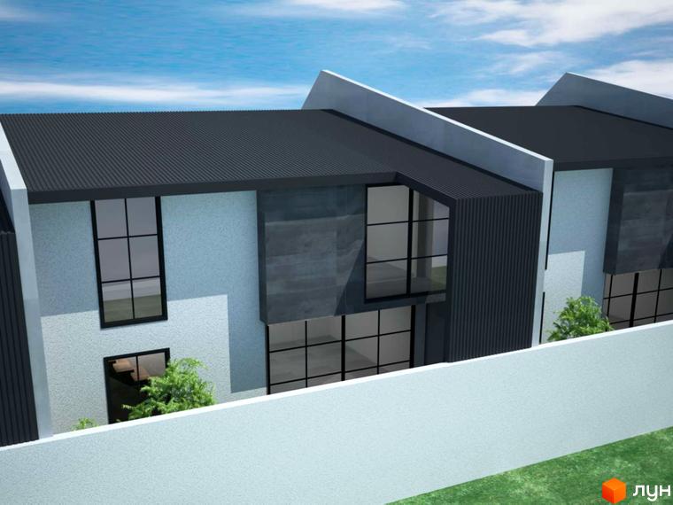 Зображення сторінки житлового комплексу California. На фото зображено таунхауси з темною покрівлею, великими вікнами та білими стінами. Перед будинками білий паркан та зелена трава.