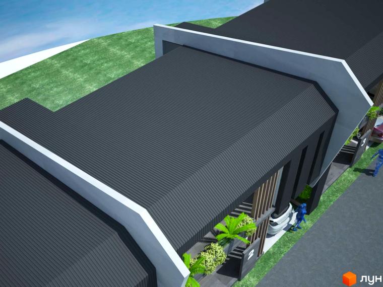 Зображення фасаду таунхаусів California. На передньому плані видно будівлі з темним дахом, поруч зелені насадження та парковка.