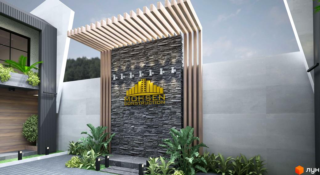 Вхідна група таунхаусів California з декоративним облицюванням стіни, підсвіткою та логотипом забудовника. На території висаджені декоративні рослини.