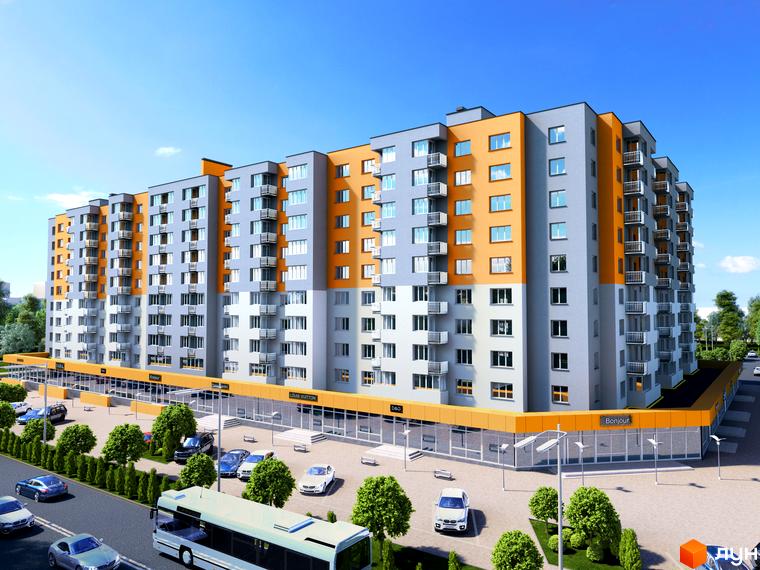 Житловий комплекс Andorra: багатоповерховий будинок сіро-помаранчевого кольору з балконами та комерційними площами. Поруч дорога, автомобілі та зелені насадження.