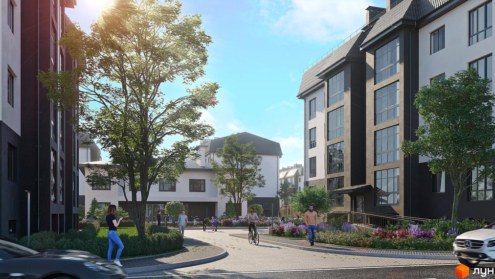 Житловий комплекс Молодіжне містечко. Зовнішній вигляд будинків з великими вікнами та прибудинкова територія з деревами та квітами.