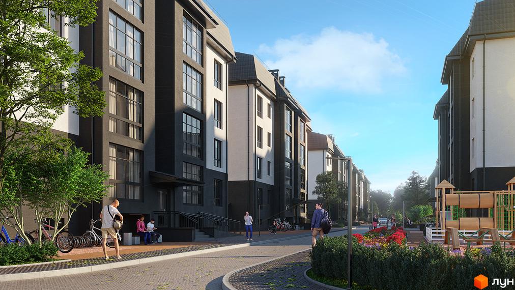 Зовнішній вигляд будинків житлового комплексу Молодіжне містечко з фасадами темного та світлого кольору. Прибудинкова територія з доріжками, деревами та дитячим майданчиком.