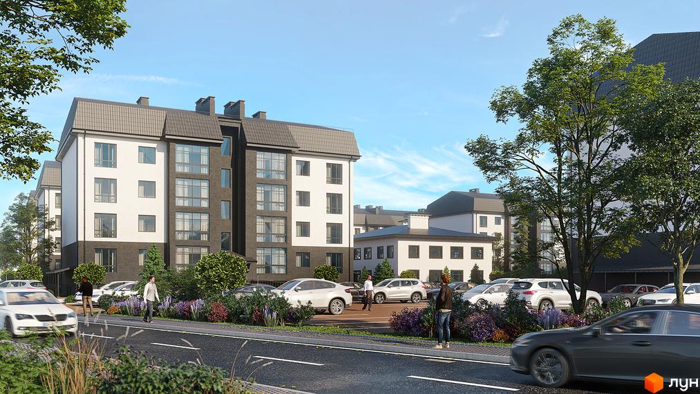 ЖК Молодіжне містечко. Зовнішній вигляд будинків з білою та сірою обробкою, парковка з автомобілями та зелені насадження.