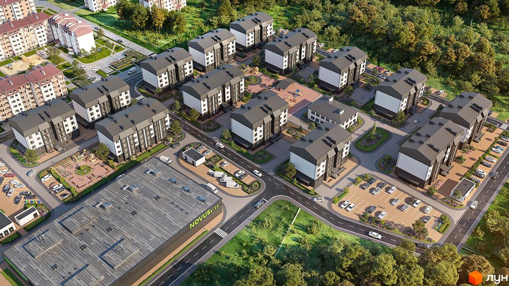 Зовнішній вигляд житлового комплексу Молодіжне містечко з сучасними будинками та упорядкованою прибудинковою територією. На зображенні видно дитячі майданчики, парковки та зелені зони.