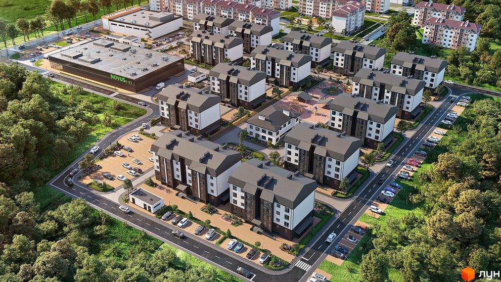 Зовнішній вигляд житлового комплексу Молодіжне містечко з багатьма будинками та прибудинковою територією з парковками та деревами.