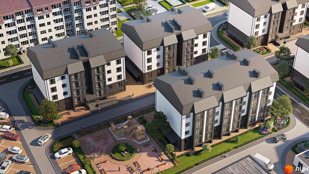 Житловий комплекс Молодіжне містечко з сучасними фасадами та прибудинковою територією з дитячим майданчиком та парковкою.